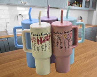 Personalized Mom Floral Tumbler | Birth Month Flower, 40oz Cup
