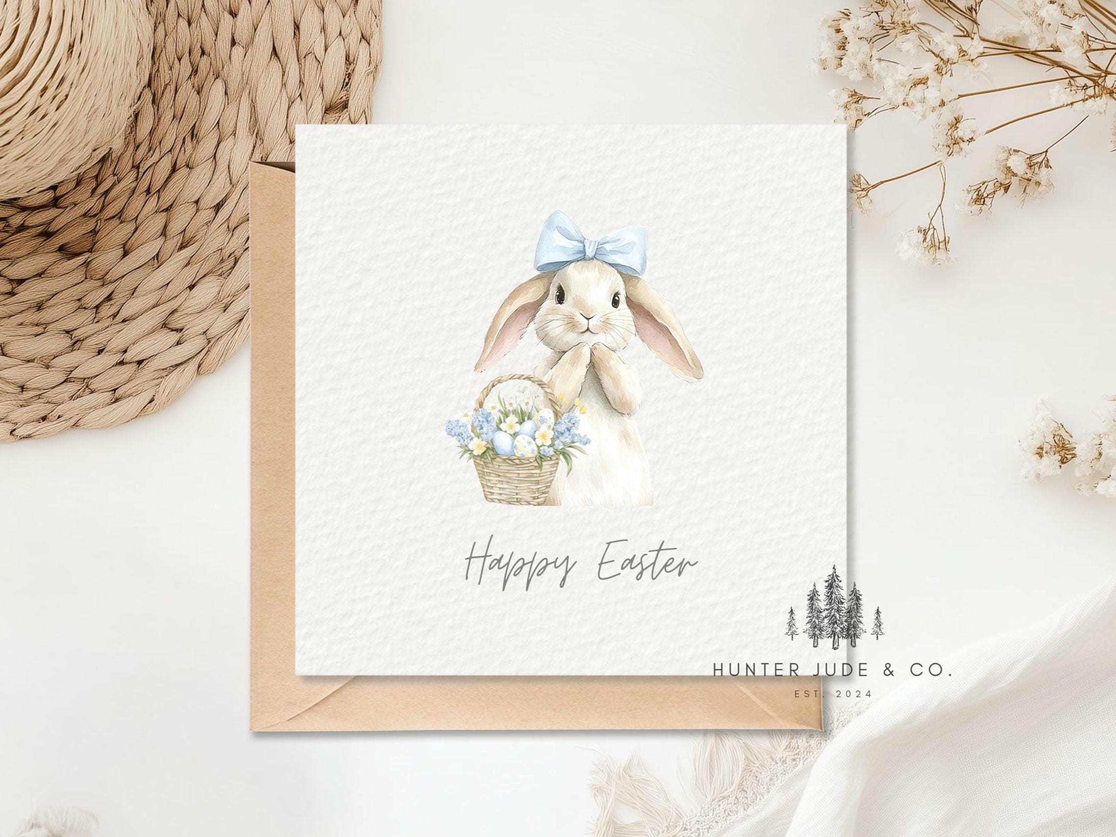 Watercolour Bunny Easter Card, Happy Easter Rabbit Card, Elegant Spring ...