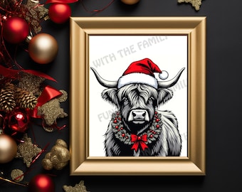 Christmas Highland Cow Print | Santa Hat Cow Wall Art | Festive Farmhouse Decor | Holiday Digital Download | Rustic Christmas Printable