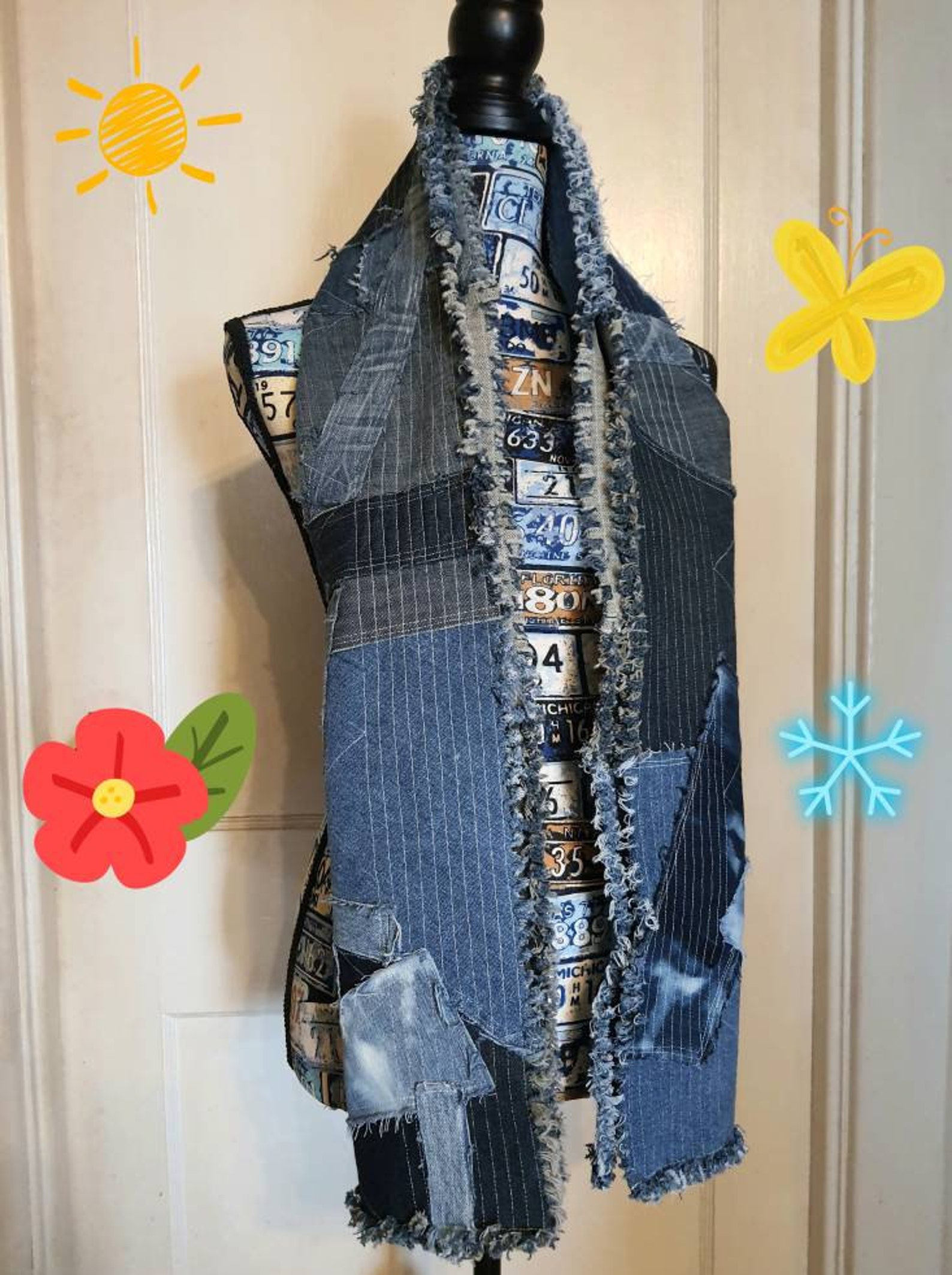 Denim Patchwork Scarf Tattered Denim Scarf Unique Denim | Etsy