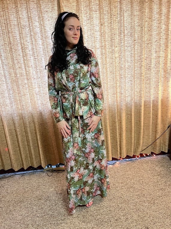 Beautiful 70s 3 piece green long dress with jacket OOAK cute dress