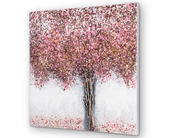 May include: Abstract painting of a pink and gold tree on a white background. The tree has a thick trunk and branches with a textured, speckled look.