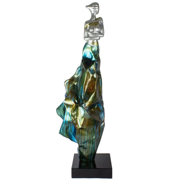 XL Skulptur Frau Körper Figur Massiv Statue Kunst Moderne Dekoration Komplette Handarbeit Deko Kunststein 25 x 25 x 90 cm Blau/Türkis Silber