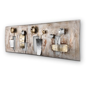 May include: A metal wall art piece with a rustic brown background and five stylized flowers in gold and silver. The flowers are arranged in a row and are attached to the wall with a metal backing.