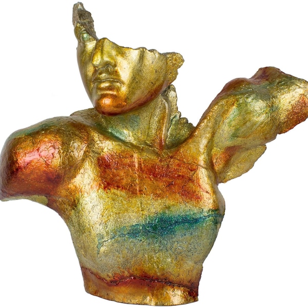 XL Handgefertigte Große Skulptur Büste Romanischer Griechischer Stil Moderne Art Dekoration Figur Man Rumpf Kunststein 21 x 55 x 50 cm Gold