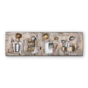 May include: A rectangular metal wall art piece with a rustic brown background. The art features four stylized metal flowers in vases with gold and silver accents.
