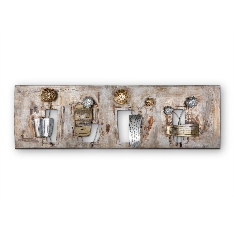 May include: A rectangular metal wall art piece with a rustic brown background. The art features four stylized metal flowers in vases with gold and silver accents.