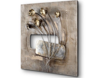 Wanddeko Blumen Pflanzen Metall Wandbild für Wohnzimmer Schlafzimmer Büro Wandbild Handgemachte Dekoration 3D Effekt 60 x 60 cm Gold Silber