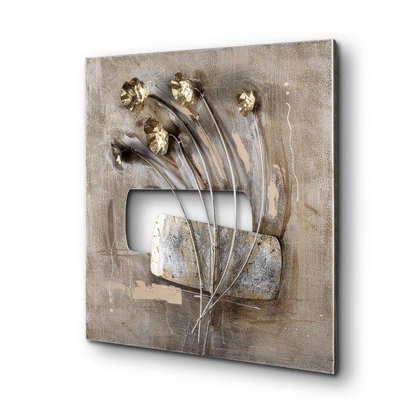 Wanddeko Blumen Pflanzen Metall Wandbild für Wohnzimmer Schlafzimmer Büro Wandbild Handgemachte Dekoration 3D Effekt 60 x 60 cm Gold Silber