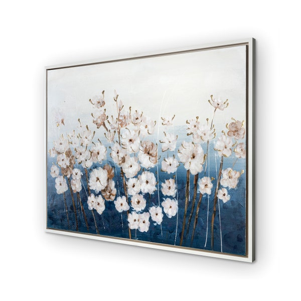 Gemälde Blaue Blumen auf Leinen Original Wanddeko Dekoration Natur Wandbild für Wohnzimmer oder Schlafzimmer Wandkunst 120 x 90 cm