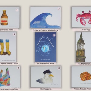 5er Postkarten Set inkl. Franzbrötchen Sticker, Freundschaft, Maritime Motive, Grußkarten Set
