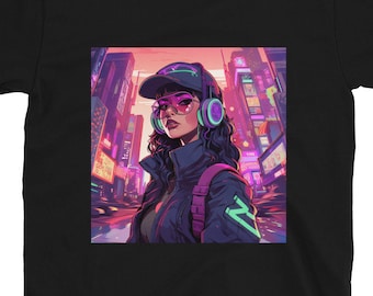 Camiseta de chica anime cyberpunk neón, estilo urbano futurista para viajeros.