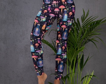 Women's Black Magic Mushroom Leggings, Ideal Whimsigoth Gift for Witches