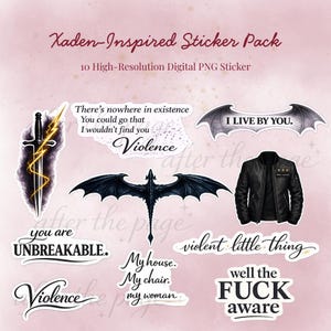 Könnte beinhalten: Eine Sammlung digitaler PNG-Aufkleber mit Fantasy-Thema. Die Aufkleber zeigen einen schwarzen Drachen, eine schwarze Lederjacke, ein Schwert mit Blitz und Sätze wie "Violence" und "I live by you."