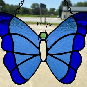 Stained Glass Blue Butterfly Suncatcher – Handmade Window Hanging with Love