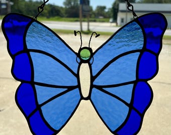 Stained Glass Blue Butterfly Suncatcher – Handmade Window Hanging with Love