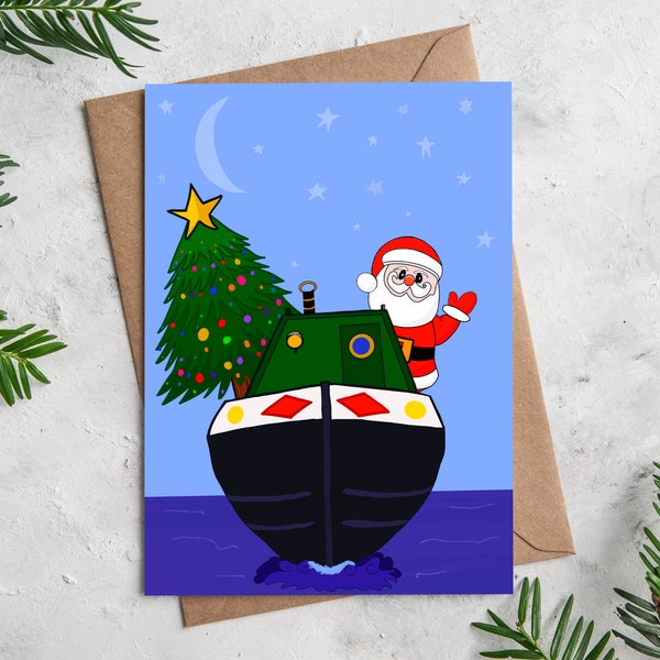 Narrowboat Christmas Card Santa on Canal boat Funny Santa Card Happy Holidays card