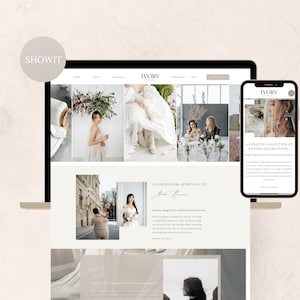 May include: A laptop and smartphone displaying a website with the word "IVORY" in the header. The website features images of weddings and the text "A CURATED COLLECTION OF REFINED CELEBRATIONS". The background is a light beige color.