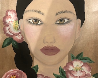Original painting Asian woman face portrait