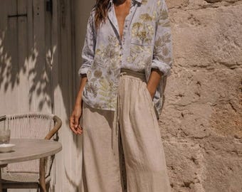 Hand-Dyed Cotton Shirt with Botanical Eco Print, Unique Women's Top