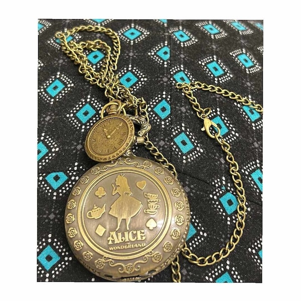 Alice in Wonderland Pocket Watch with Chain / Copper Color / Costume Accessory / Vintage Look / Engraved / Collectible / Quartz Movement
