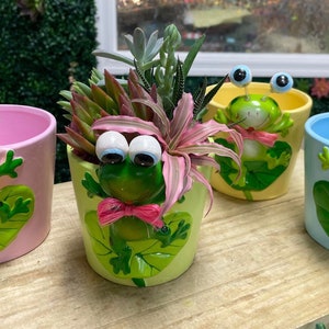 May include: Four ceramic frog planter pots with googly eyes. The pots are pink, yellow, blue, and green. Each pot has a frog with a green body, yellow belly, and a yellow bow tie. The pots are filled with succulents.