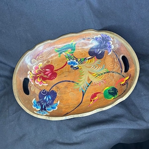 Vintage Charming Statement Piece Folk Art Mexican Batea Hand Carved Tole Painted Wood Bowl 16&quot; Floral With Handles
