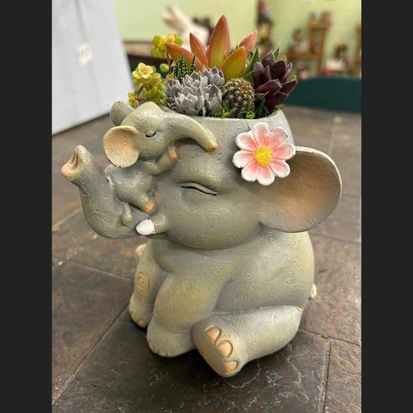 Adorable Elephant Mama & Baby Planter with or without Live Plant Kit with Instructions | Hearty Plants | Mother's Day Gift / Flower \ Pink