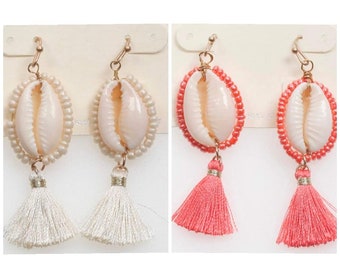 Jewelry: Beautiful Beaded Cowrie Sea Shell Earrings Available in 2 Colors / White / Coral / Boho / Beads / Dangle / Tassel / Gold Tones
