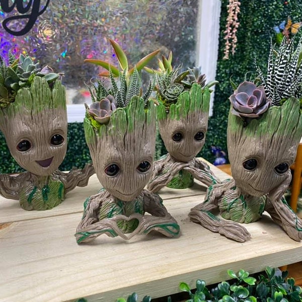 Baby Groot Planter w/Live Succulent Plants / Easy Gardening Cactus Guardians of the Galaxy Marvel Cute Office/ Father's Day Gift /Pen Holder