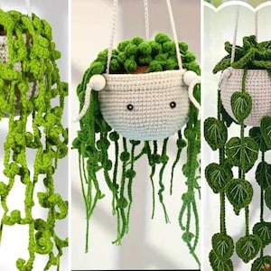 May include: Three crocheted hanging plant pots with green leaves. The pots are white and have a textured surface. The leaves are made of yarn and are in different shapes and sizes.