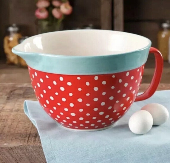 Pioneer Woman Large Mixing Bowl / Polka Dots / Stoneware / Collectible /  Keepsake / Teal / Red / Country Kitchen / Housewarming Gift 