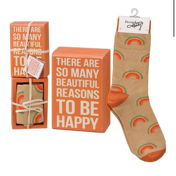 Box & Socks Gift Set / There are so Many Reasons to be Happy / Primitives by Kathy / Gifts / Friend / Wood Sign / Cute Sayings / Rainbows