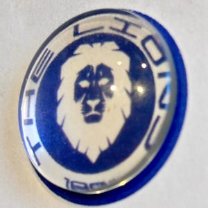 Peut inclure: Un bouton rond bleu et blanc avec le mot "TEICON" sur le bord et une tête de lion au centre. Le bouton a un dessus transparent en forme de dôme et un bord bleu.