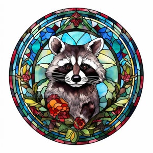 Schild mit Waschbärmotiv in Buntglasoptik, Geschenk für Waschbärliebhaber, Naturfreunde, Dekoschild mit Waschbärmotiv, Buntglasimitat