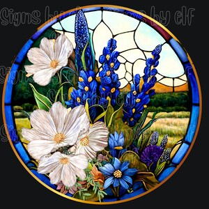 Texas Bluebonnets with flowers-stained glass styled sign, bluebonnet sign, flowers, Texas signs, summertime, wreath signs, wall decor