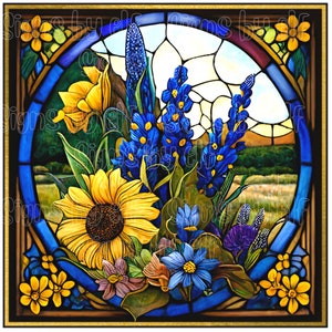 Texas Bluebonnets with sunflowers-stained glass faux styled sign, bluebonnet sign, sunflowers, Texas signs, summer time, wall decor, gifts