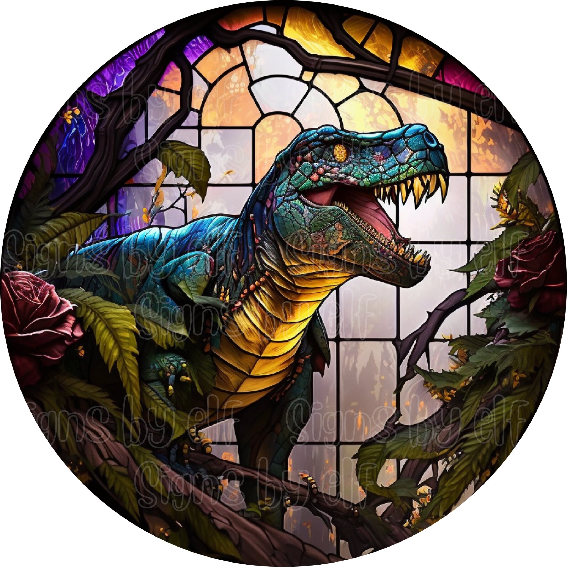 Trex Stained Glass Styled Sign Dinosaur Signs Trex Sign Etsy