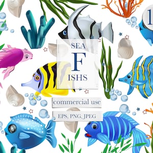 Süßer Fisch Clipart, Tropischer Fisch, Fisch vektor, Sommer Clipart, Fisch Kunstdruck, Ozeanfisch, Digitale Clipart, Kommerzielle Nutzung