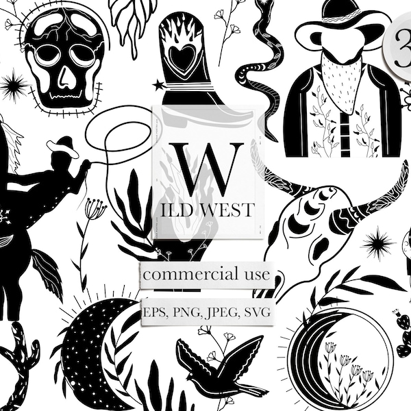 Cowboy svg, Cowboy hat svg, Cow skull svg, Rodeo svg, Western clipart, old west snake, Bull skull, Cowboy boots clipart, Free commercial use