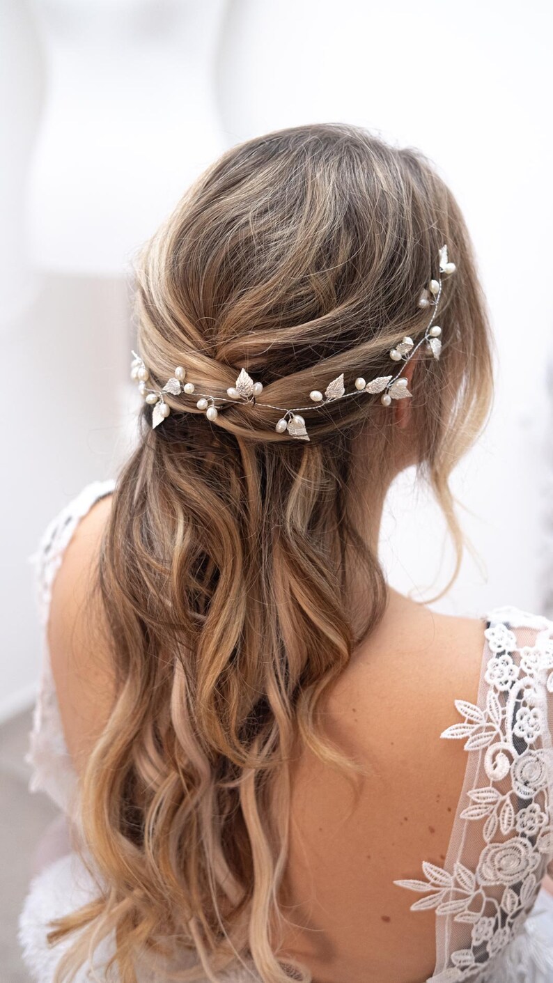 Haarranke / Haarrebe Haarschmuck, Braut Kopfschmuck für deine Hochzeit Haar Rebe Stirnband Blattform mit Perlen Vumari Gold und Silber Bild 4