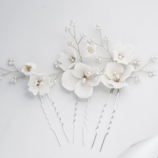 Braut Haarschmuck, Haarnadel Set | 3teilig | Braut Hochzeit Haarschmuck - Keramik Blumen  BOHO - Hochwertiger Brauthaarschmuck von Vumari