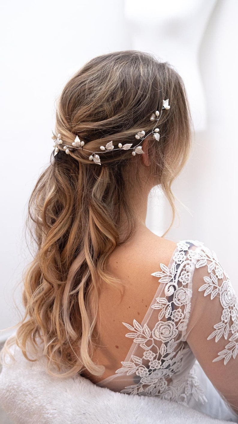 Haarranke / Haarrebe Haarschmuck, Braut Kopfschmuck für deine Hochzeit Haar Rebe Stirnband Blattform mit Perlen Vumari Gold und Silber Bild 1