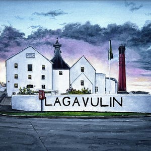 Impressão da Destilaria Lagavulin: Arte do Whisky Escocês de Islay (10x8" Montada)