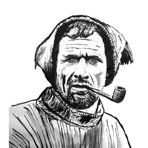 以下が含まれることがあります： フード付きセーターを着て口にパイプを持ったひげを生やした男性の白黒インク画です。