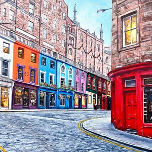 May include: A painting of a colorful row of buildings in a city. The buildings are painted in shades of blue, green, pink, orange, and purple. The street is cobblestone and there is a red building in the foreground.
