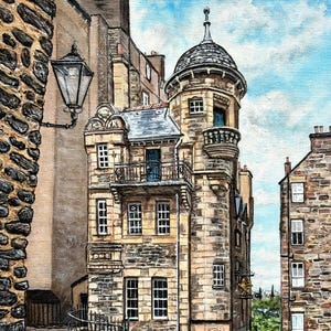 May include: An architectural painting of a tall, stone building with a turret and multiple windows. The building is in a narrow street with cobblestone paving. A street lamp and a wrought iron fence are visible.