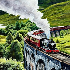 May include: A painting of a steam train crossing a stone bridge over a green valley. The train is red and black, with white steam rising. Another train crosses a distant bridge. The artwork is signed and dated, with a view of the Scottish Highlands.