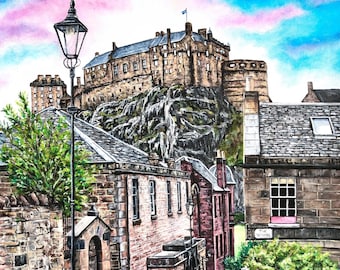 The Vennel, Edinburgh, mounted print Scottish wall art, Scotland princess street castle, Scott monument, grassmarket artwork