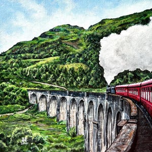 May include: A red train travels through a stone archway, with green hills and white clouds in the background. The train is moving towards the viewer, and the perspective is from inside the train looking out the window.